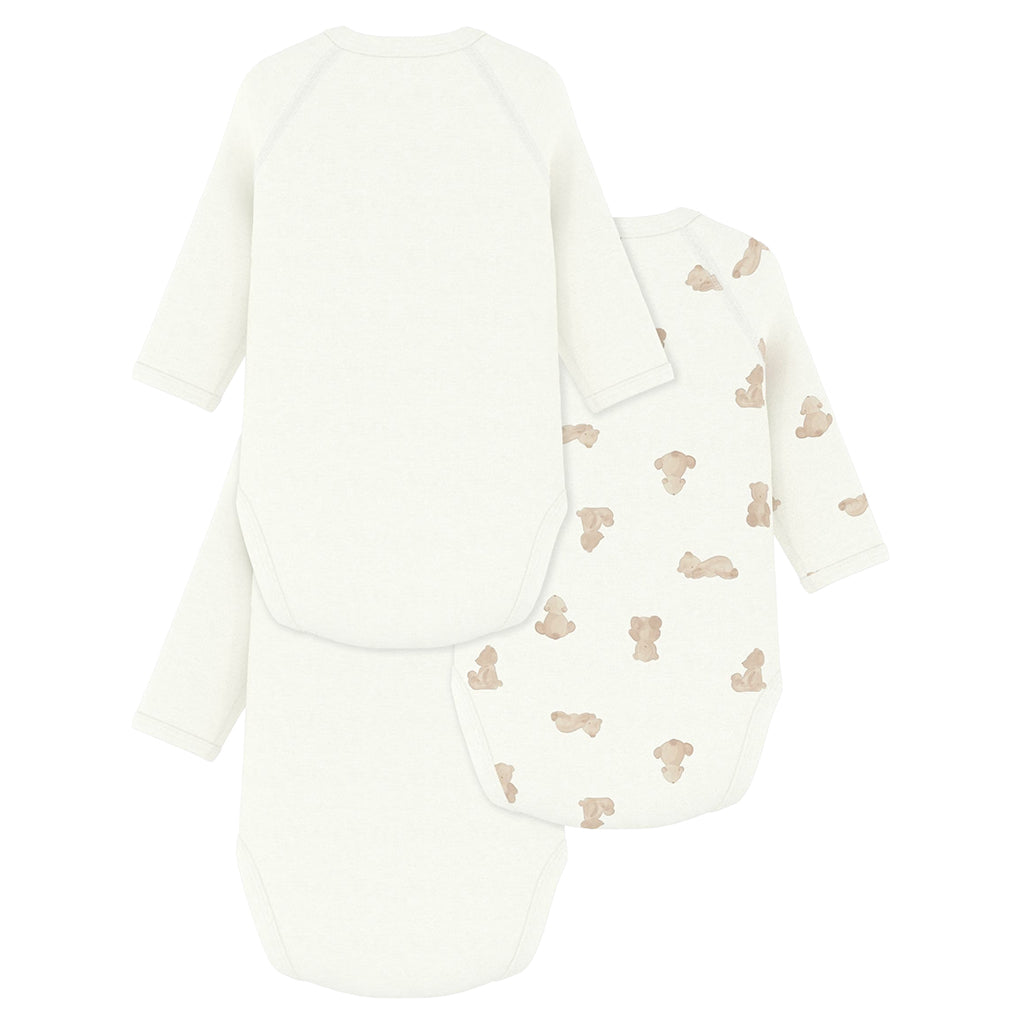 Petit Bateau Baby Set Of Three Wrap Bodysuits White With Brown Bear Print