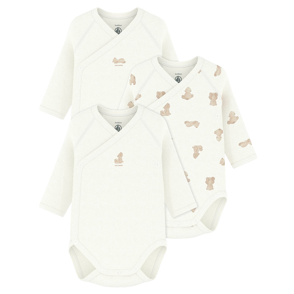 Petit Bateau Baby Set Of Three Wrap Bodysuits White With Brown Bear Print