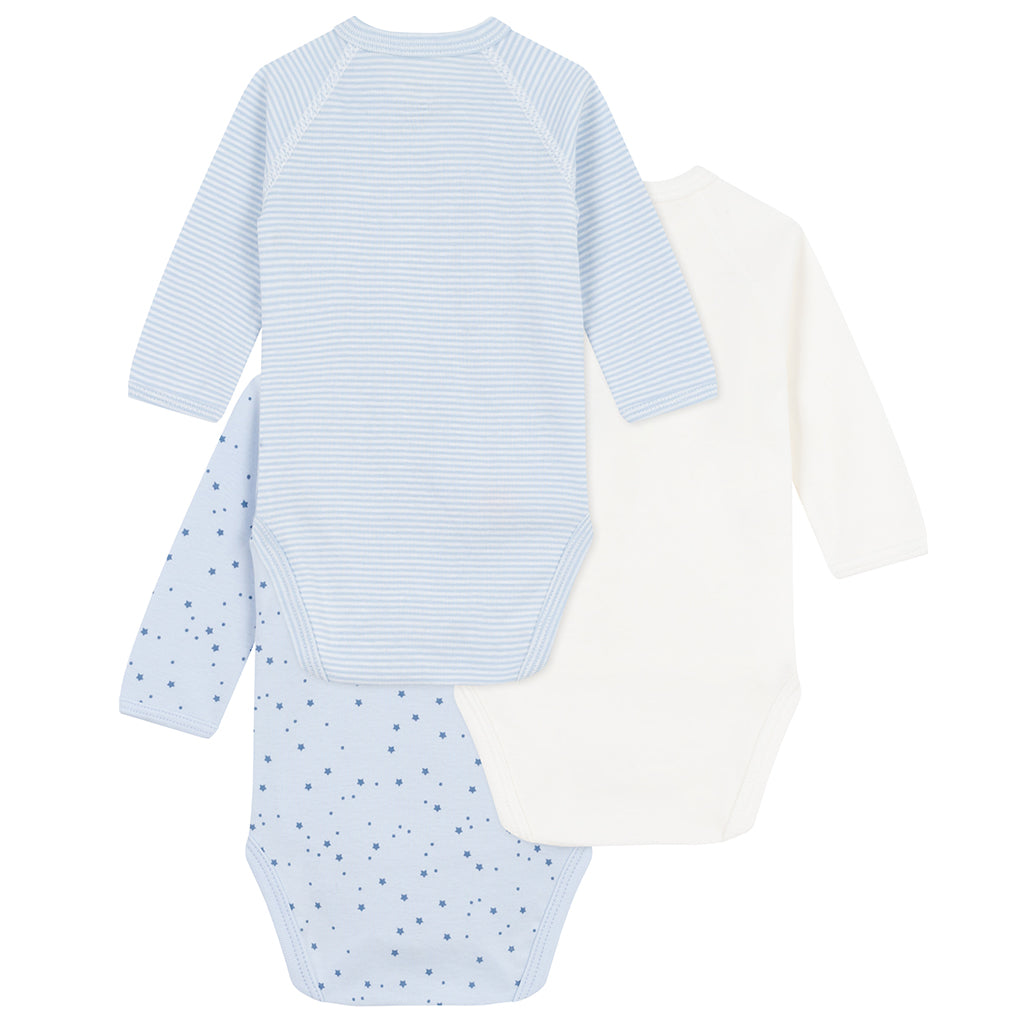 Petit Bateau Baby Set Of Three Wrap Bodysuits Blue Stars Print