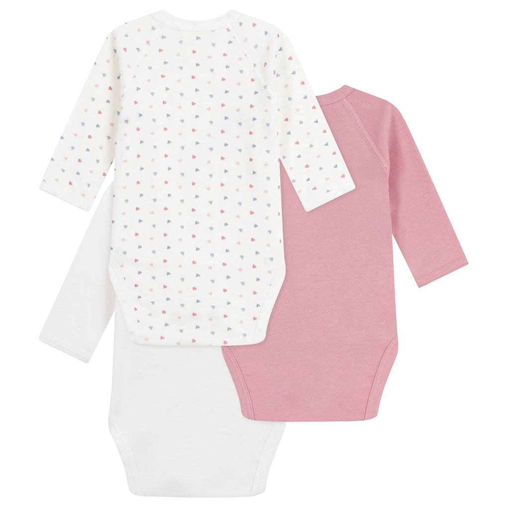 Petit Bateau Baby Set Of Three Wrap Bodysuits Pink Hearts Print