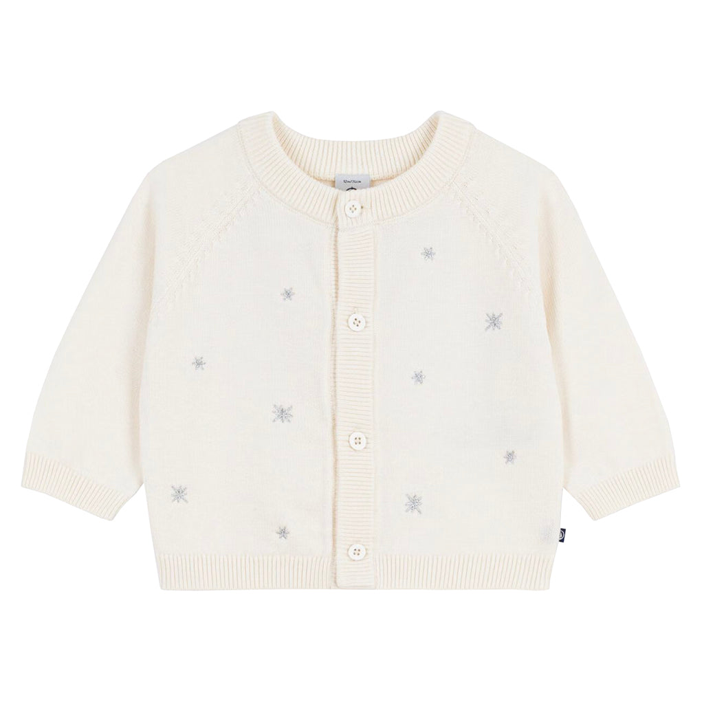 Petit Bateau Baby Cardigan Marshmallow White With Silver Embroidered Stars