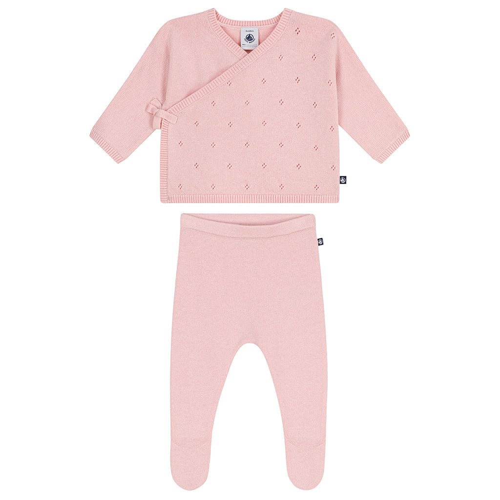 Petit Bateau Baby Set Wrap Cardigan &amp; Pull on Pant with Feet Pretty Pink