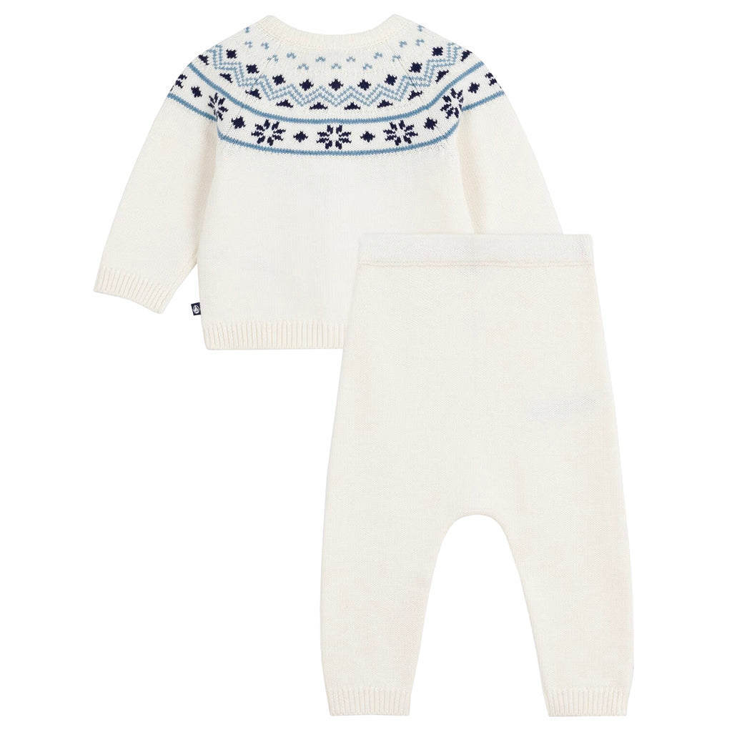 Petit Bateau Baby Two Piece Set Marshmallow White With Evening Blue Jacquard Knit