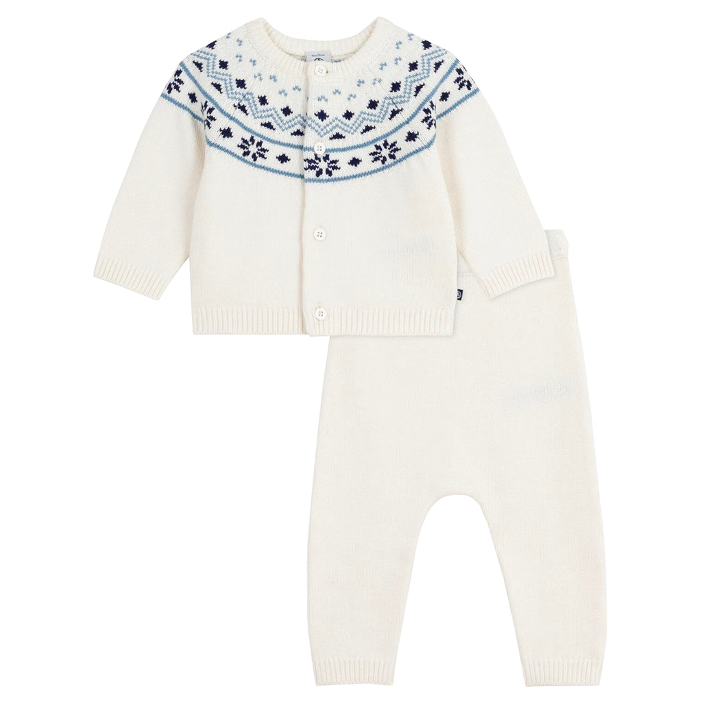 Petit Bateau Baby Two Piece Set Marshmallow White With Evening Blue Jacquard Knit