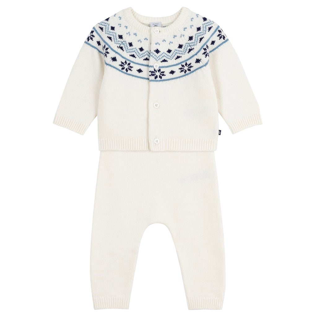 Petit Bateau Baby Two Piece Set Marshmallow White With Evening Blue Jacquard Knit