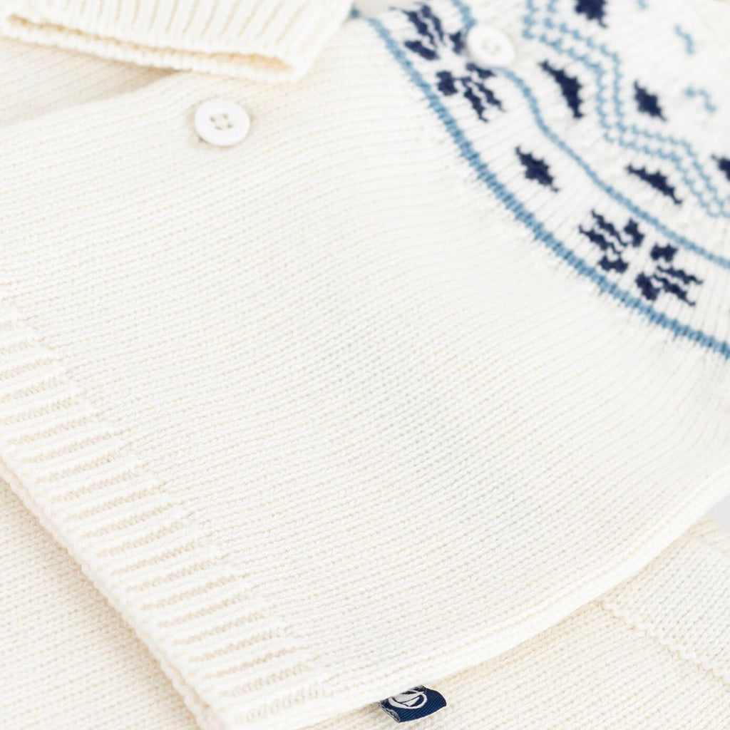 Petit Bateau Baby Two Piece Set Marshmallow White With Evening Blue Jacquard Knit