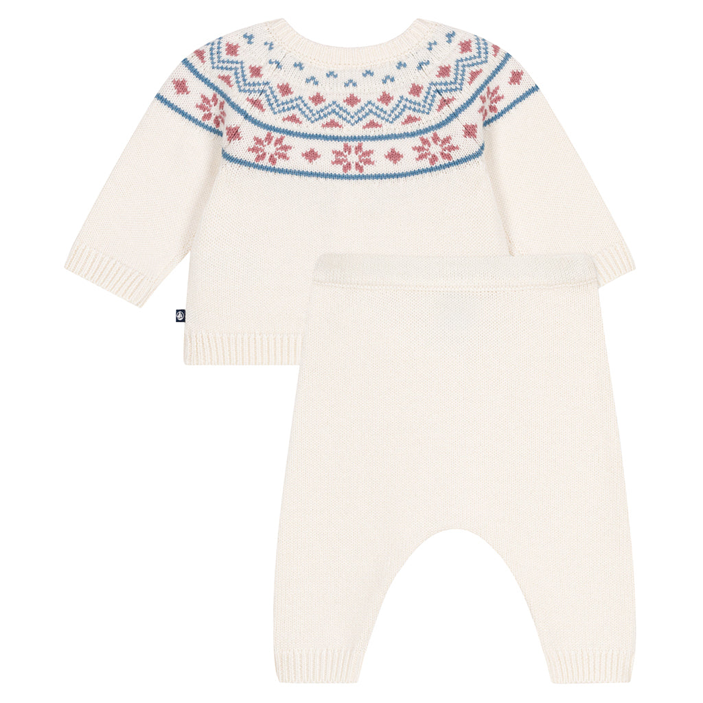 Petit Bateau Baby Two Piece Set Marshmallow White With Charm Pink Jacquard Knit