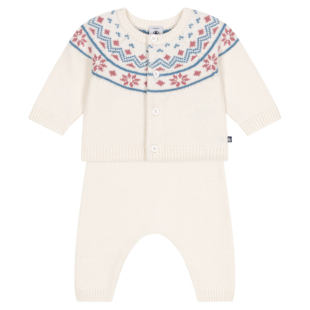 Petit Bateau Baby Two Piece Set Marshmallow White With Charm Pink Jacquard Knit