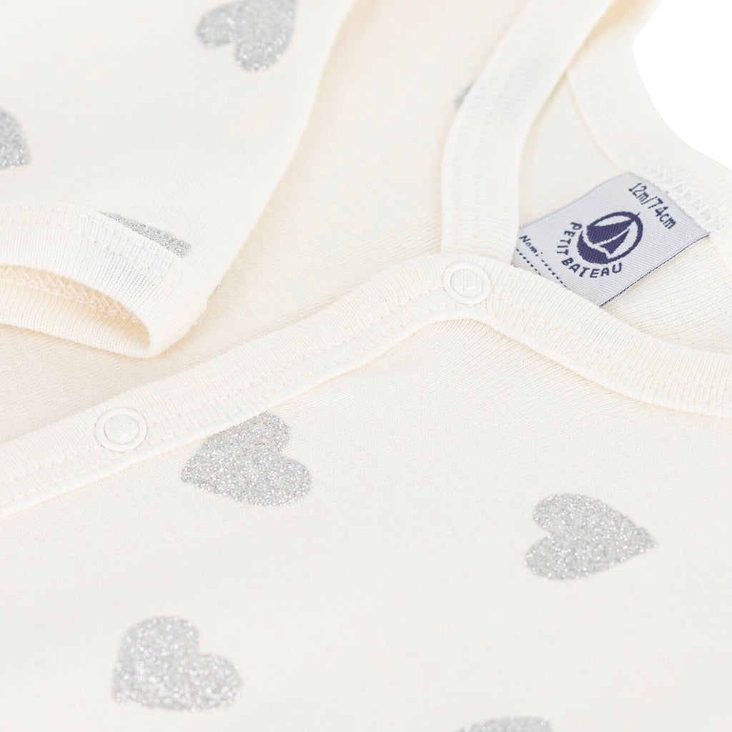 Petit Bateau Baby Pyjamas Milk Cream With Silver Heart Print