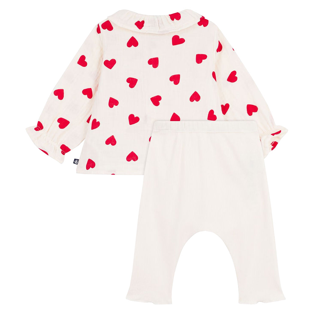 Petit Bateau Baby Two Piece Set Cream With Red Hearts Print