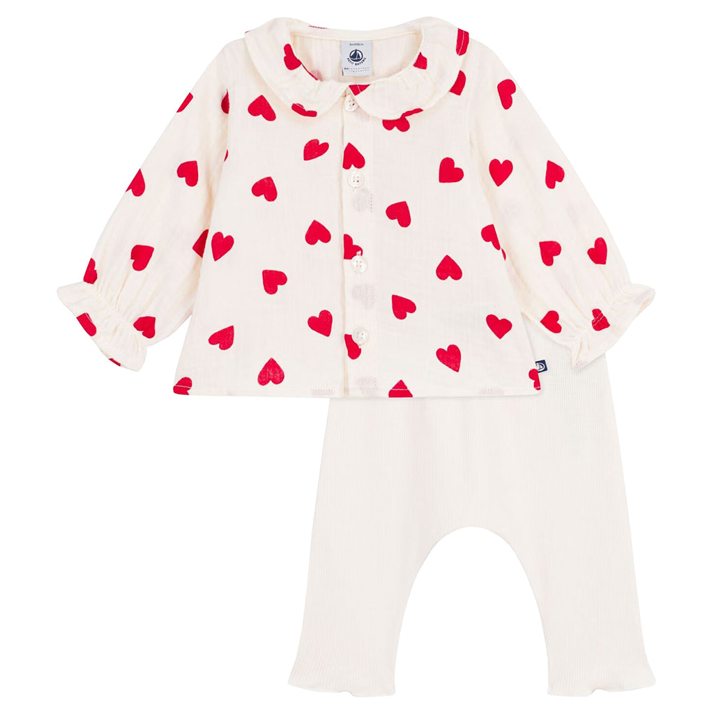 Petit Bateau Baby Two Piece Set Cream With Red Hearts Print