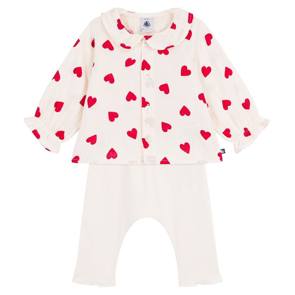 Petit Bateau Baby Two Piece Set Cream With Red Hearts Print