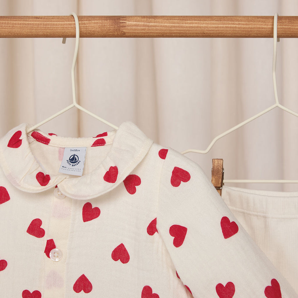 Petit Bateau Baby Two Piece Set Cream With Red Hearts Print