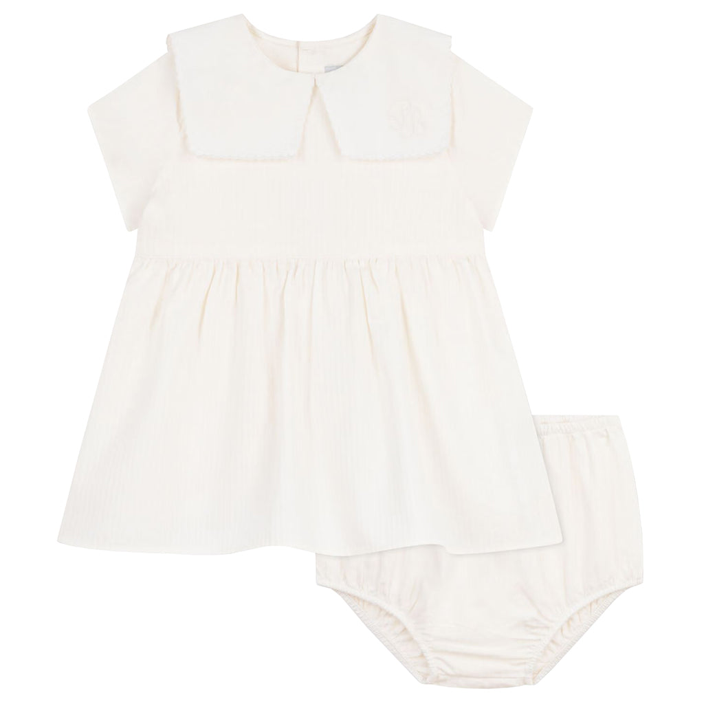 Petit Bateau Baby Collared Dress With Bloomers Marshmallow White