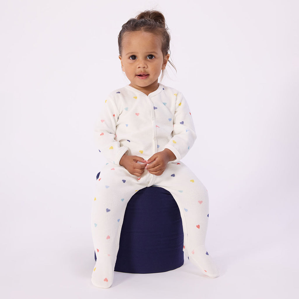 Petit Bateau Baby Velour Pyjamas White Multicolour Heart Print