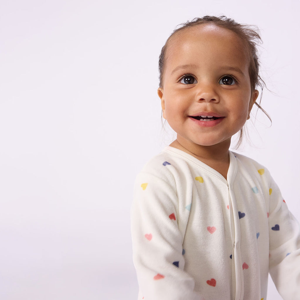 Petit Bateau Baby Velour Pyjamas White Multicolour Heart Print