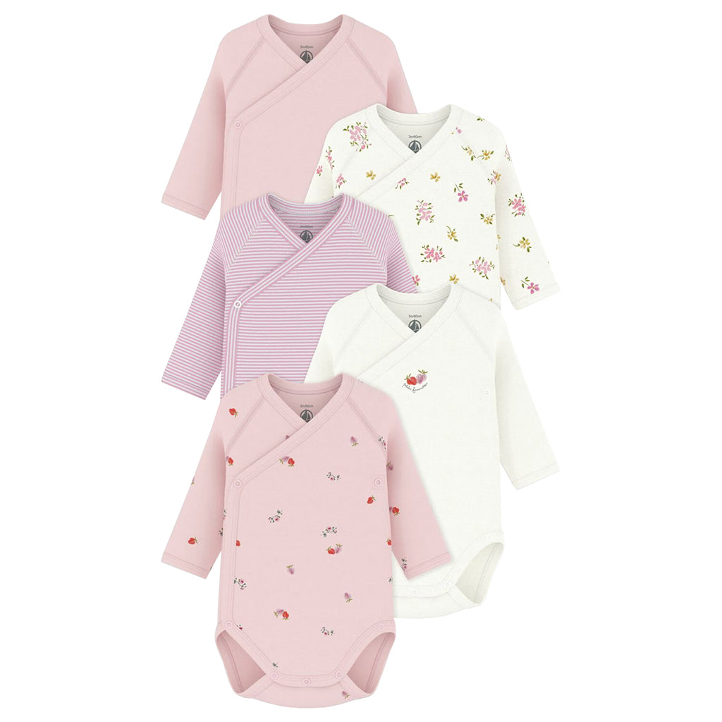 Petit Bateau Baby Set Of Five Wrap Bodysuits Pink Floral Print