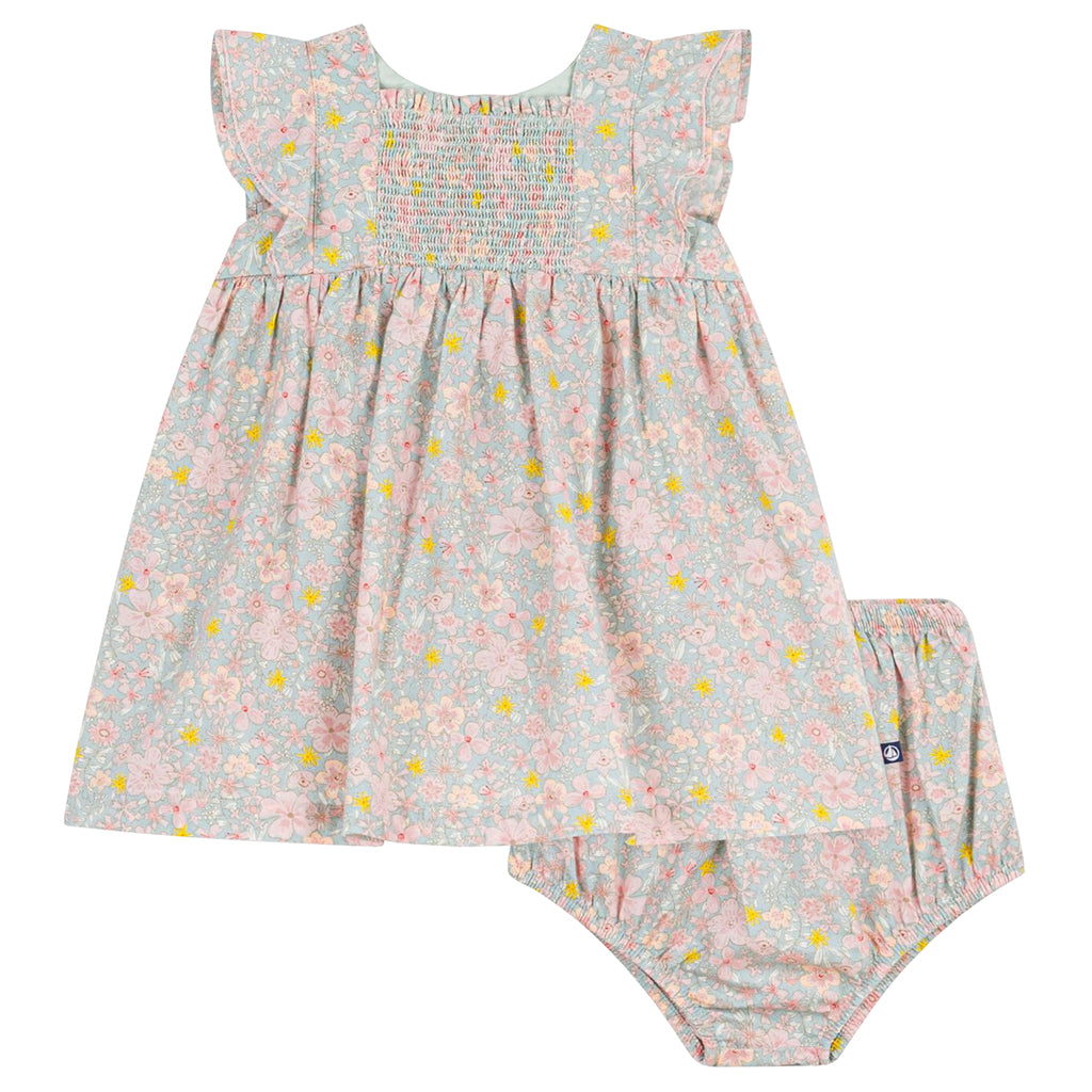 Petit Bateau Baby Dress With Bloomers Spray Blue Floral Print