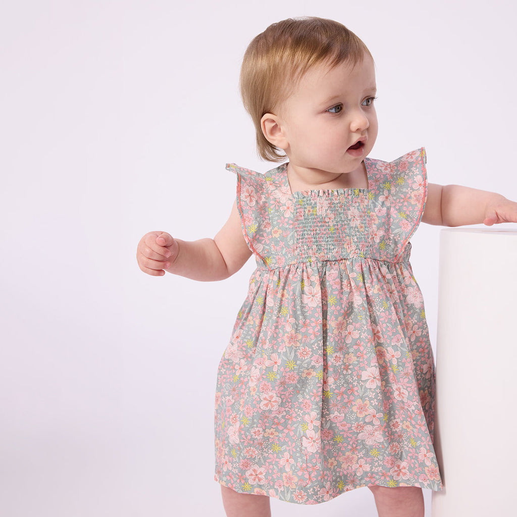 Petit Bateau Baby Dress With Bloomers Spray Blue Floral Print