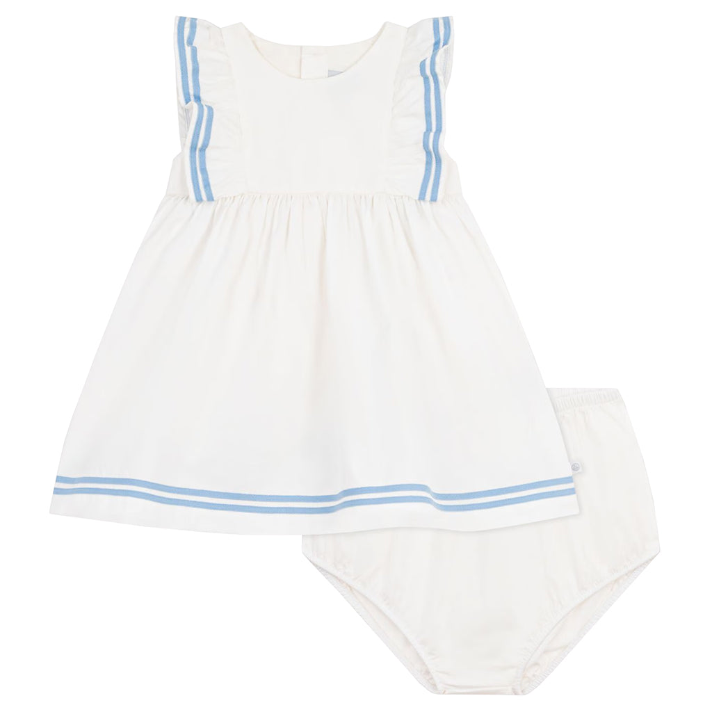 Petit Bateau Baby Dress With Bloomers Marshmallow White With Blue Trim