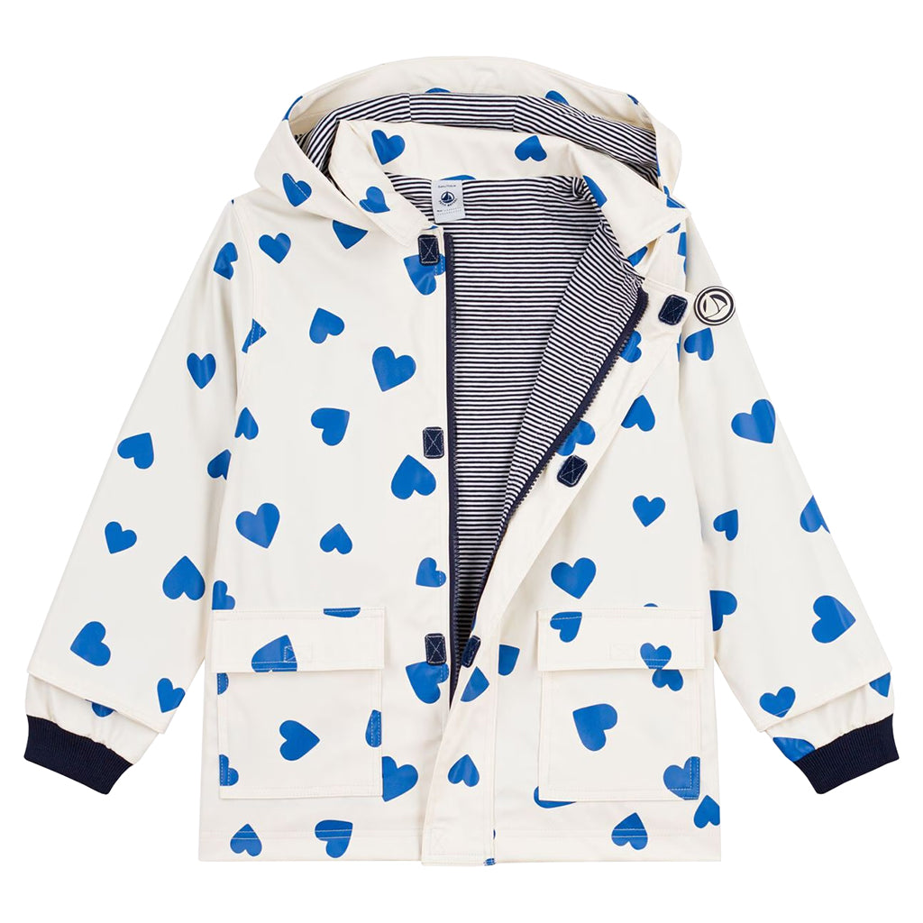 Petit Bateau Child Iconic Raincoat Milk White With Dusk Blue Hearts