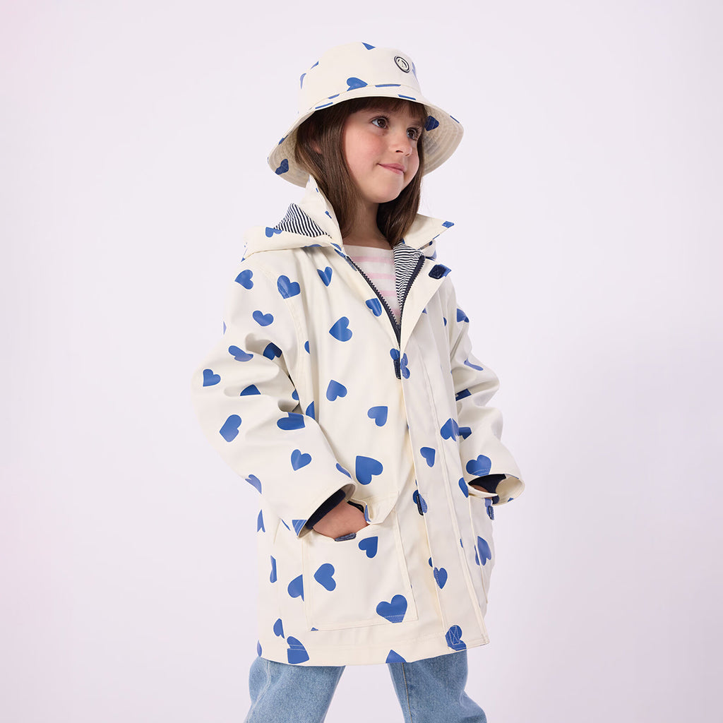 Petit Bateau Child Iconic Raincoat Milk White With Dusk Blue Hearts