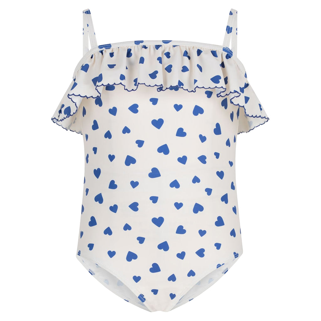 Petit Bateau Child Swimsuit White With Perse Blue Heart Print
