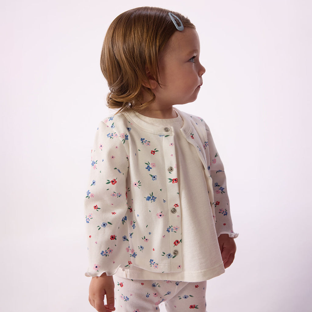 Petit Bateau Baby Cardigan Marshmallow White Floral Print