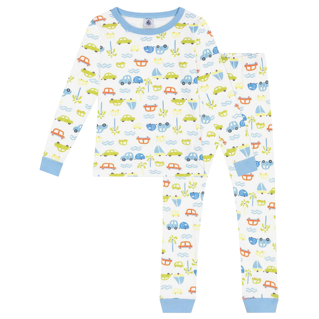 Petit Bateau Child Pyjamas Marshmallow White Cars Print