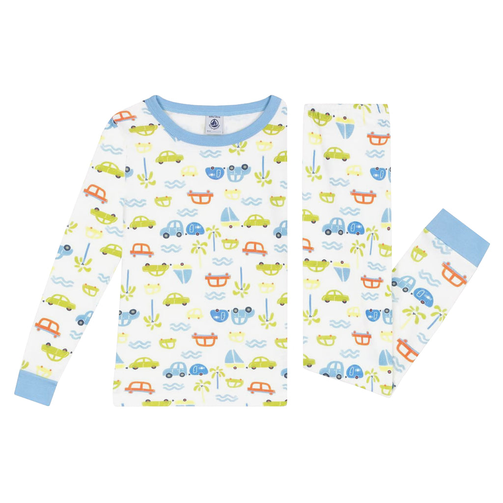 Petit Bateau Child Pyjamas Marshmallow White Cars Print