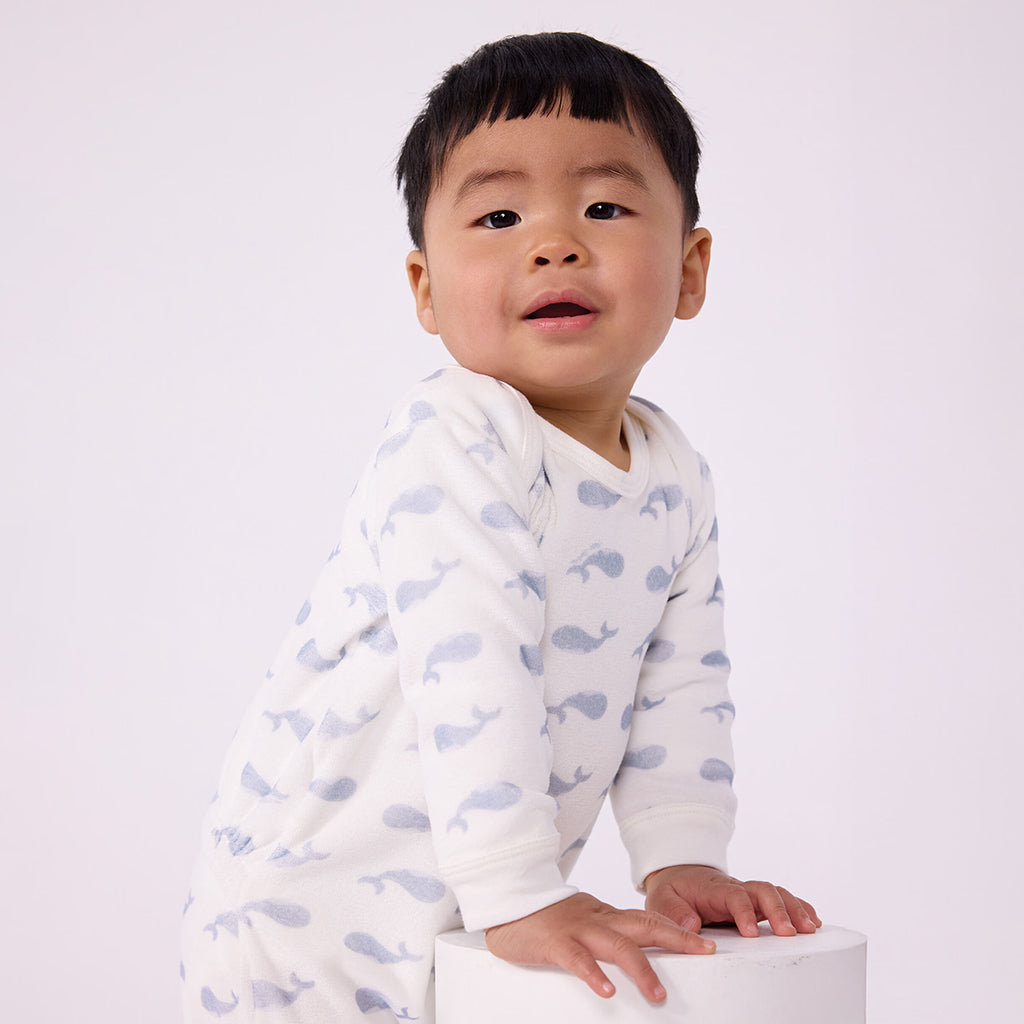 Petit Bateau Baby Velour Pyjamas White With Whale Print