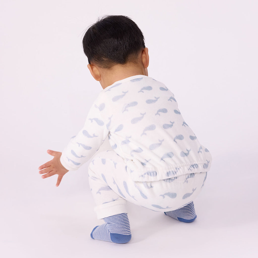 Petit Bateau Baby Velour Pyjamas White With Whale Print