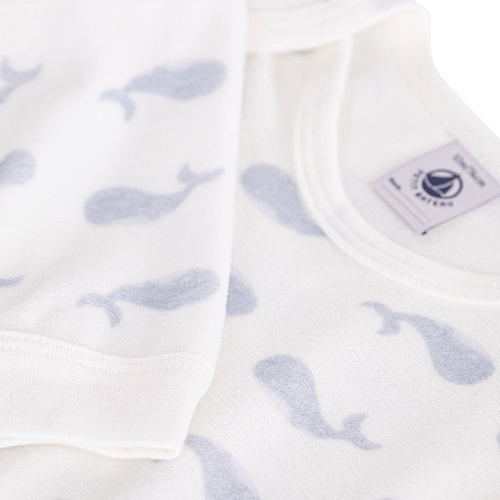 Petit Bateau Baby Velour Pyjamas White With Whale Print