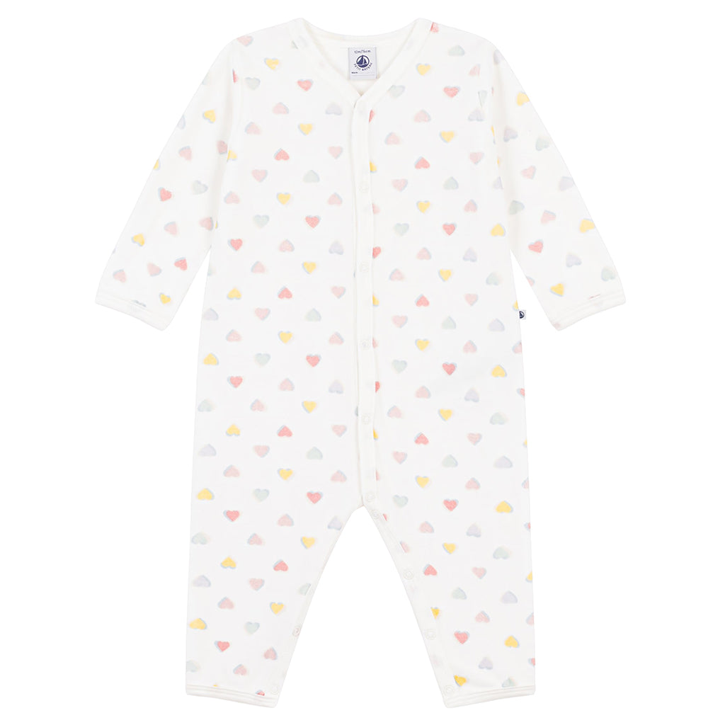 Petit Bateau Baby Velour Pyjamas White With Multicolour Heart Print