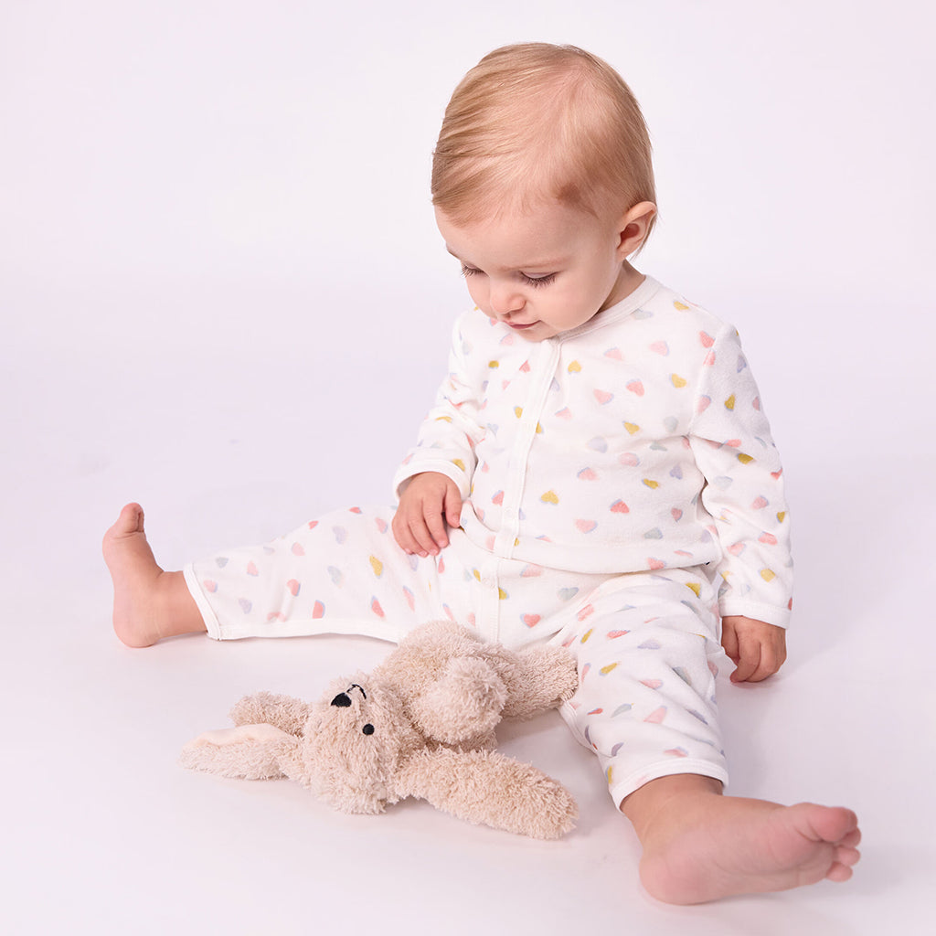 Petit Bateau Baby Velour Pyjamas White With Multicolour Heart Print