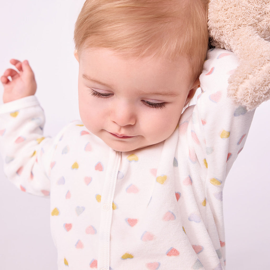 Petit Bateau Baby Velour Pyjamas White With Multicolour Heart Print