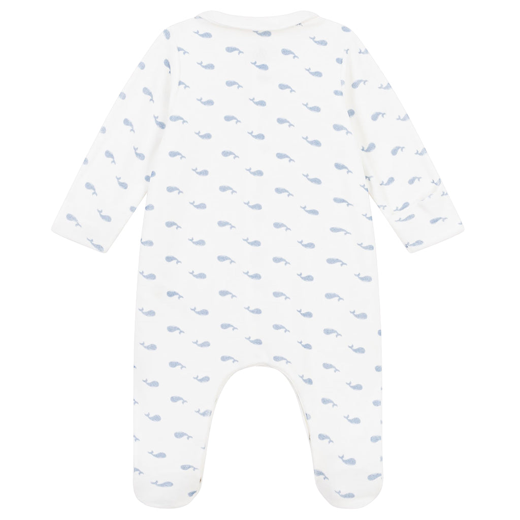 Petit Bateau Baby Velour Collared Pyjamas White With Whale Print