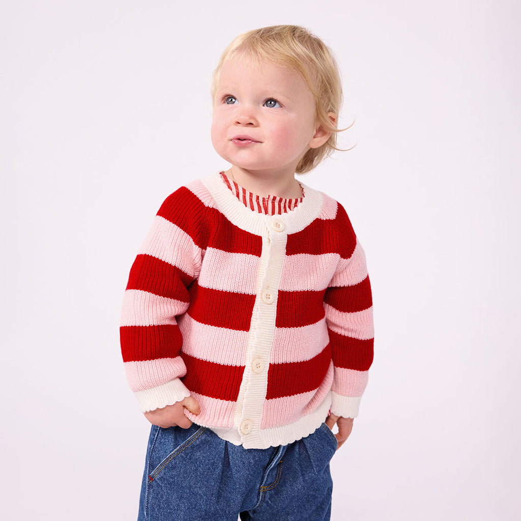 Petit Bateau Baby Cardigan Terkuit Red And Joli Pink Stripes
