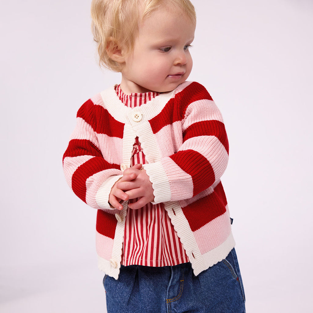 Petit Bateau Baby Cardigan Terkuit Red And Joli Pink Stripes