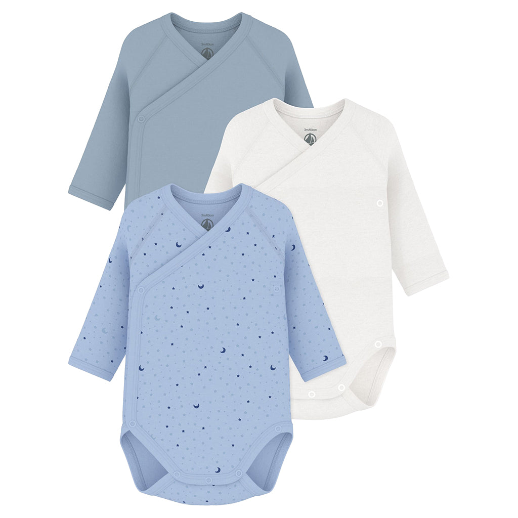 Petit Bateau Baby Set Of Three Wrap Bodysuits Polaire Blue