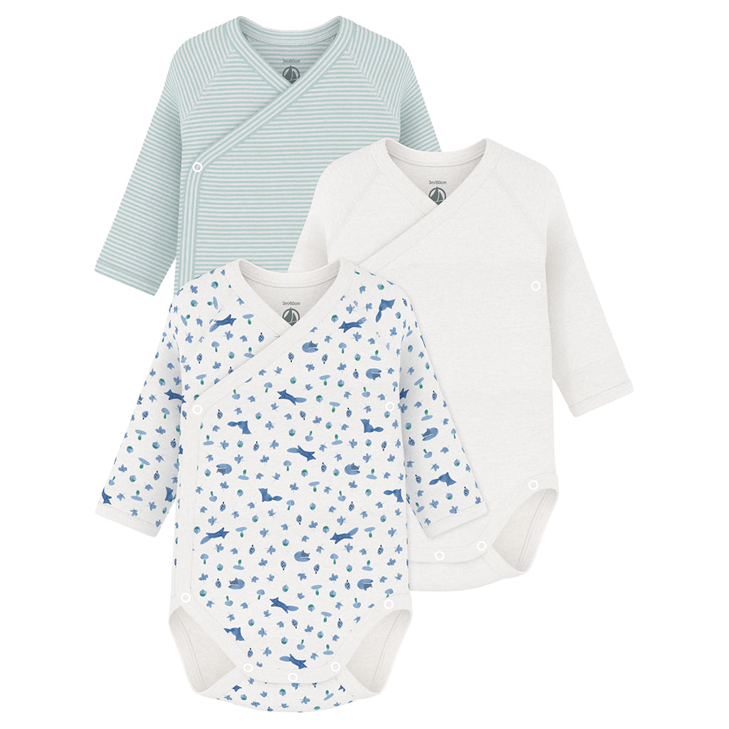 Petit Bateau Baby Set Of Three Wrap Bodysuits Spray Green