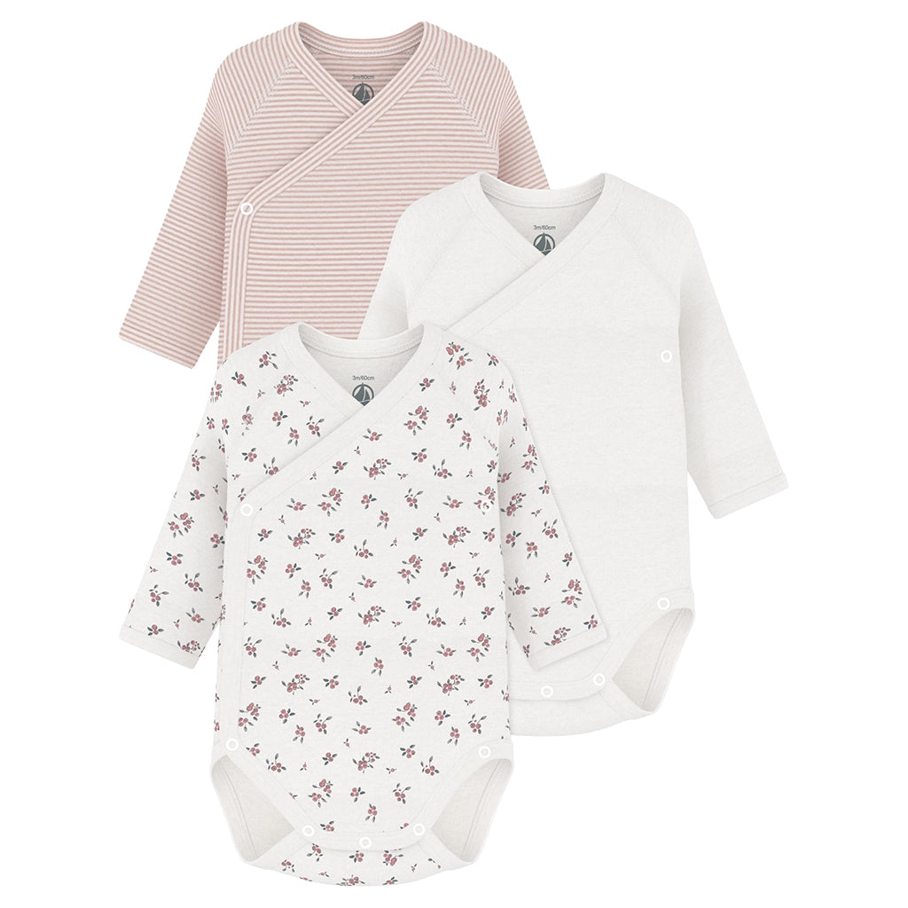 Petit Bateau Baby Set Of Three Wrap Bodysuits Charming Pink Floral