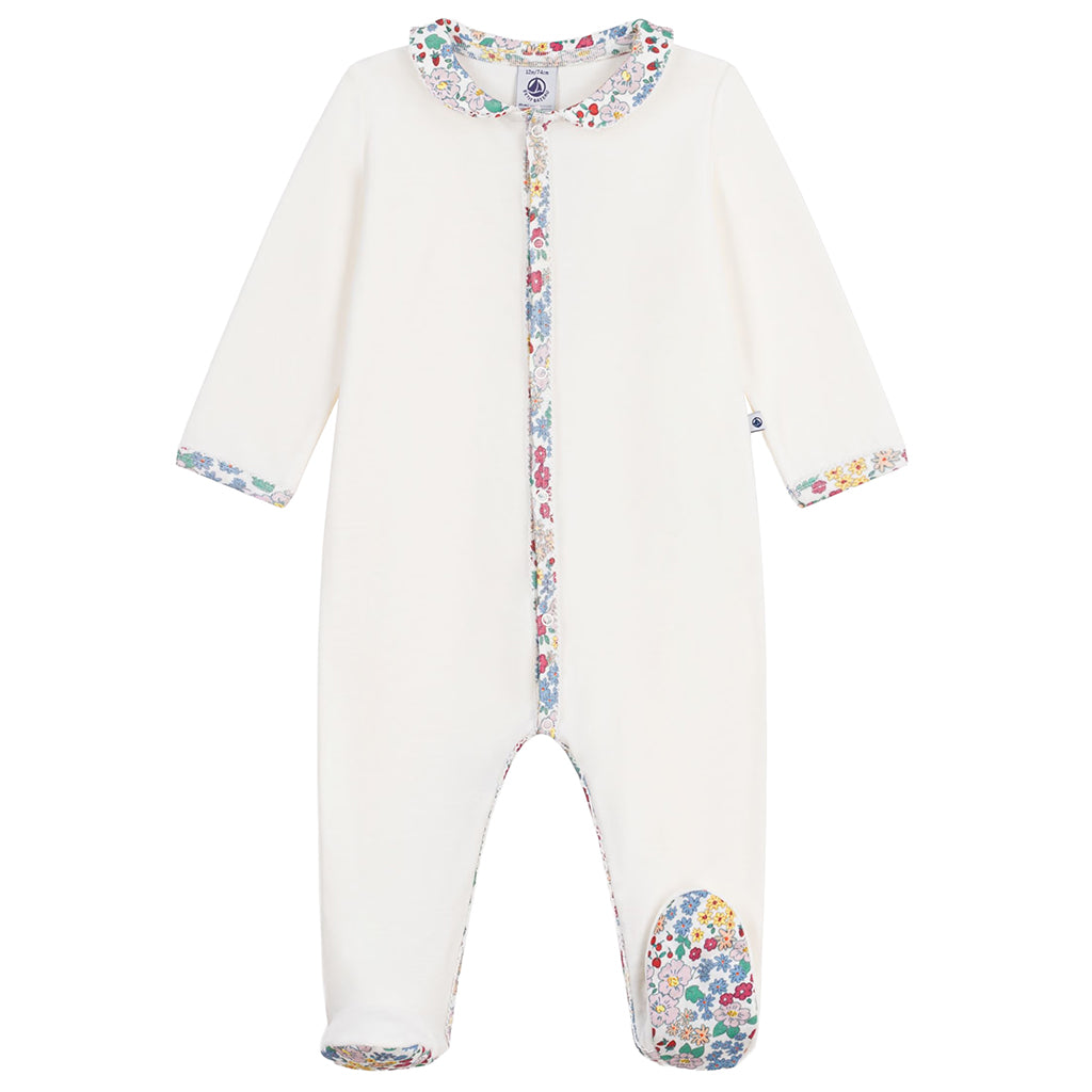 Petit Bateau Baby Collar Pyjamas White With Floral Print Trim