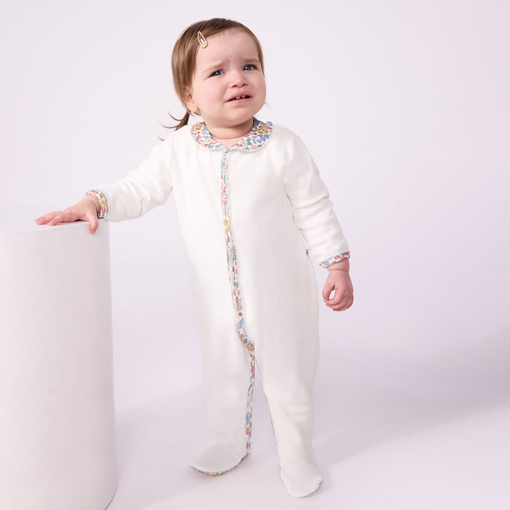 Petit Bateau Baby Collar Pyjamas White With Floral Print Trim
