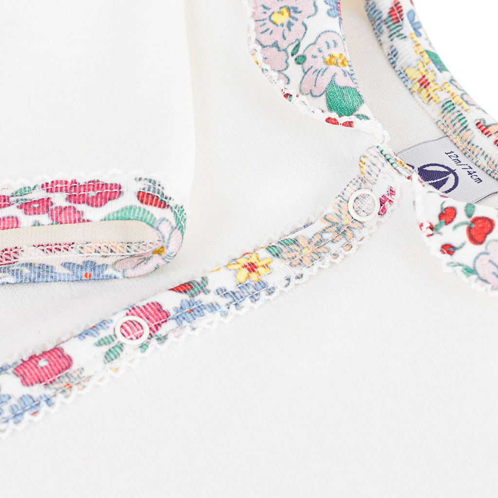Petit Bateau Baby Collar Pyjamas White With Floral Print Trim