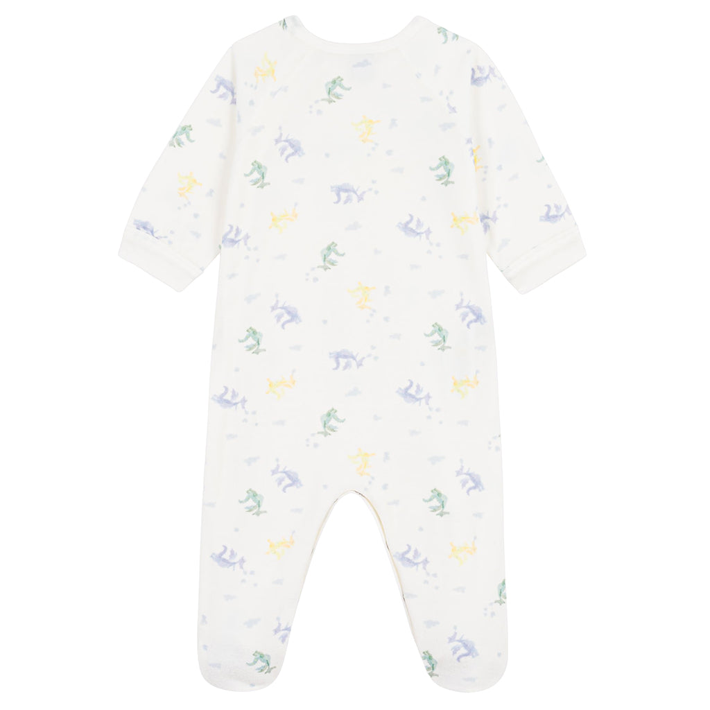 Petit Bateau Baby Velour Zip Pyjamas White With Multicolour Dragons Print