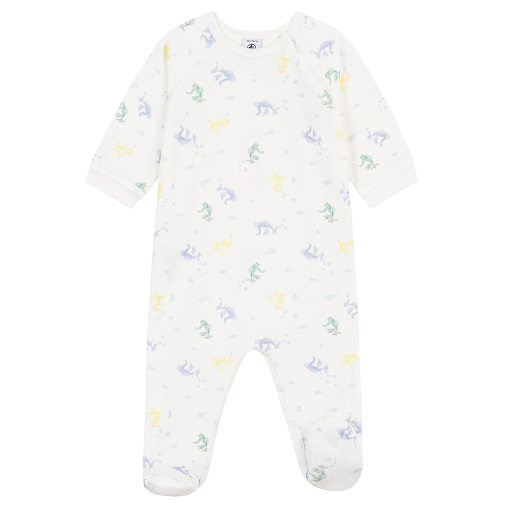 Petit Bateau Baby Velour Zip Pyjamas White With Multicolour Dragons Print