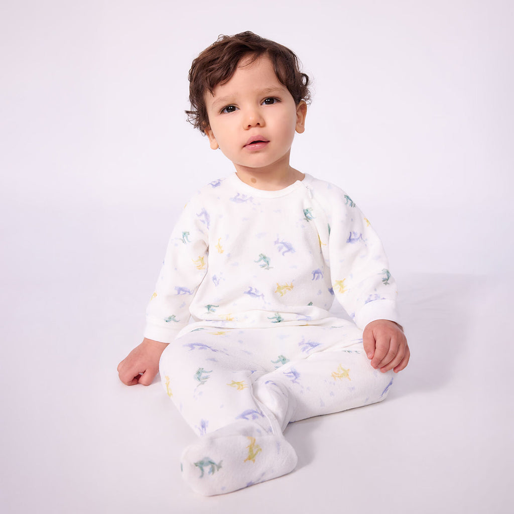 Petit Bateau Baby Velour Zip Pyjamas White With Multicolour Dragons Print
