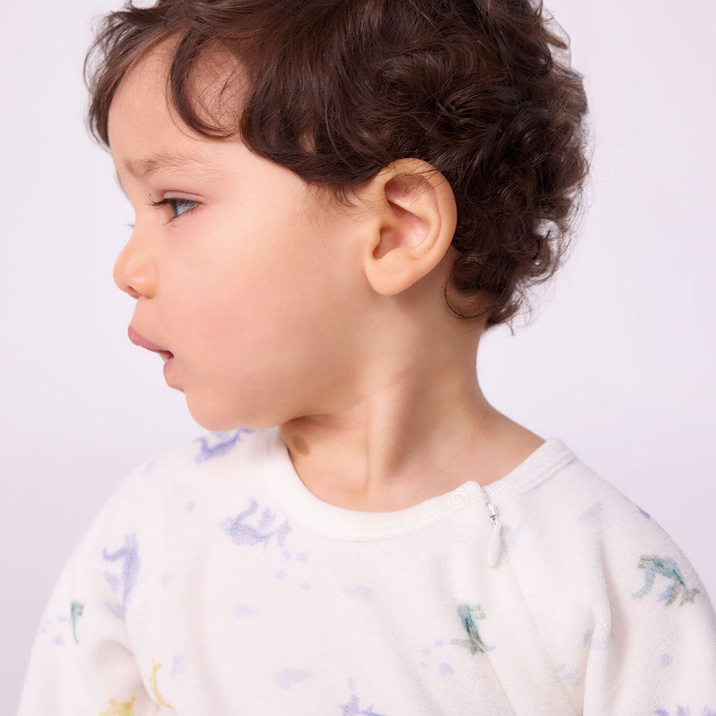 Petit Bateau Baby Velour Zip Pyjamas White With Multicolour Dragons Print