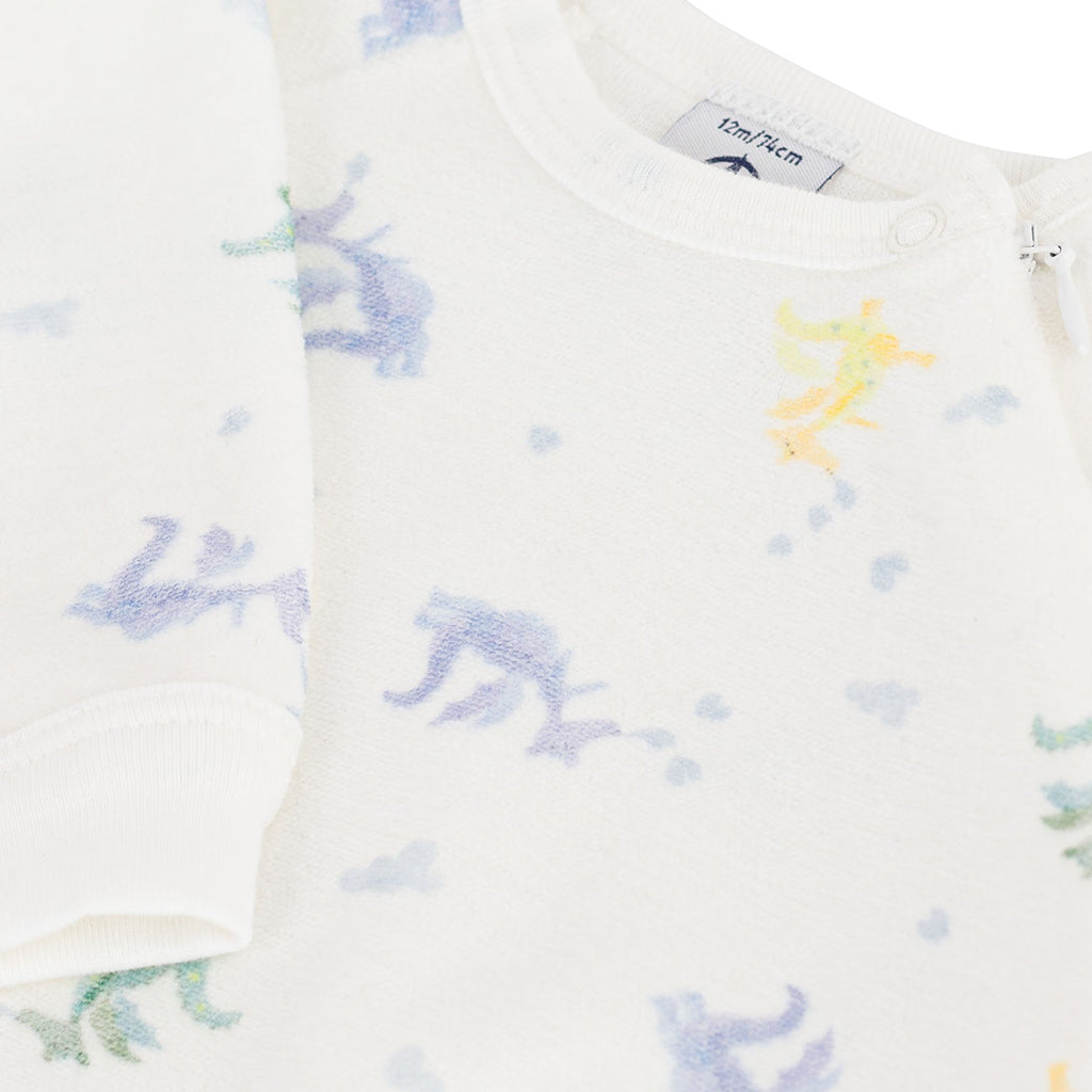 Petit Bateau Baby Velour Zip Pyjamas White With Multicolour Dragons Print